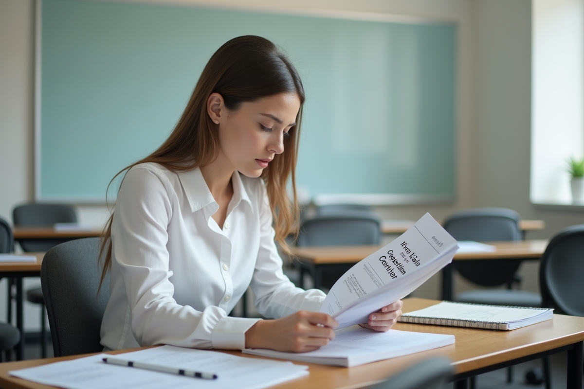 Jeune femme étudie le manuel de certification VSL en classe