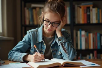 Jeune femme étudie un manuel de grammaire espagnole à son bureau