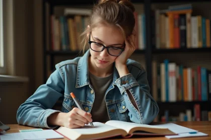 Jeune femme &eacute;tudie un manuel de grammaire espagnole &agrave; son bureau