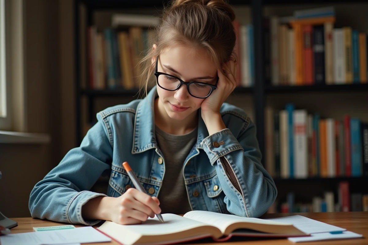 Jeune femme étudie un manuel de grammaire espagnole à son bureau