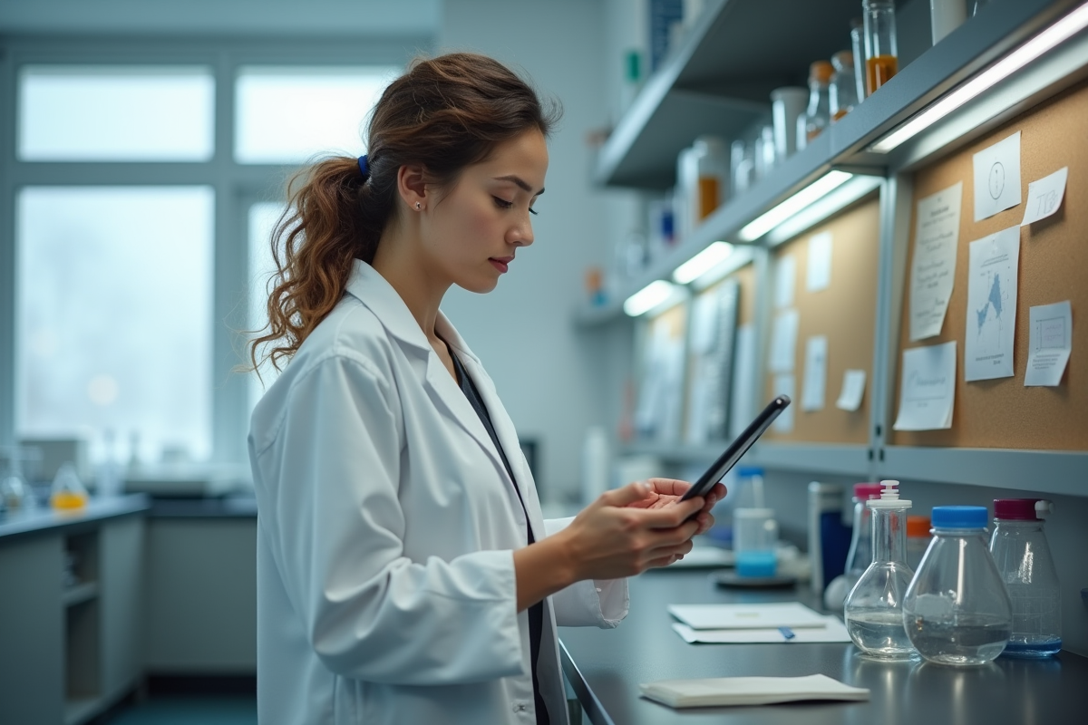 Jeune femme scientifique en laboratoire avec tablette et équipements