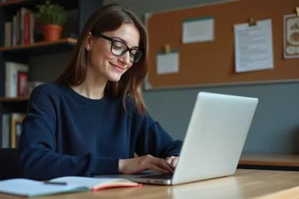 Jeune femme concentr&eacute;e travaillant sur son ordinateur dans un espace d'&eacute;tude