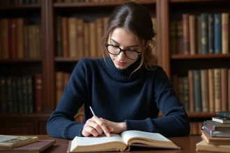 Jeune femme lisant un roman dans un bureau ancien