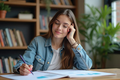Jeune femme concentrée à son bureau avec notes et graphiques