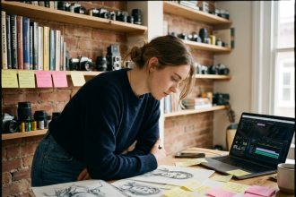 Jeune femme en formation audiovisuelle travaillant sur un projet de storyboard et montage vidéo à son bureau