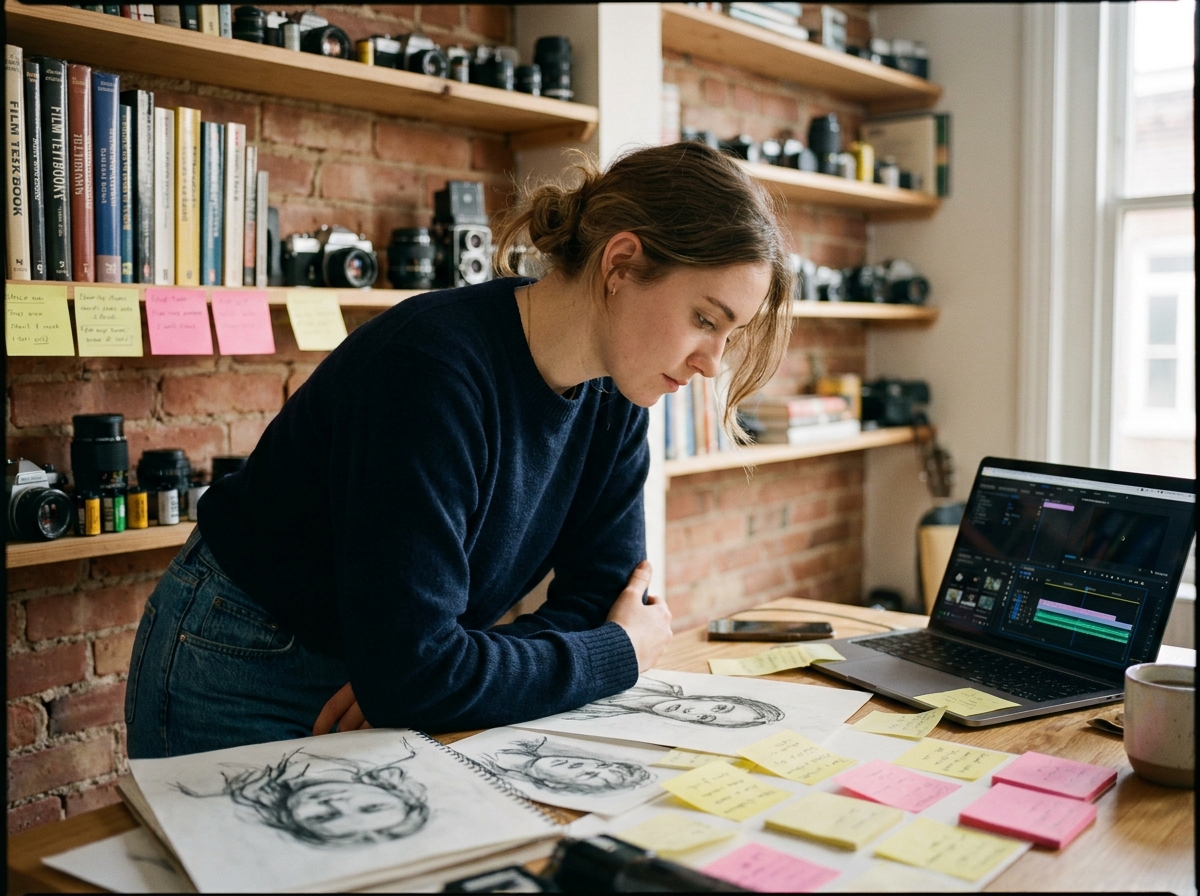 Jeune femme en formation audiovisuelle travaillant sur un projet de storyboard et montage vidéo à son bureau