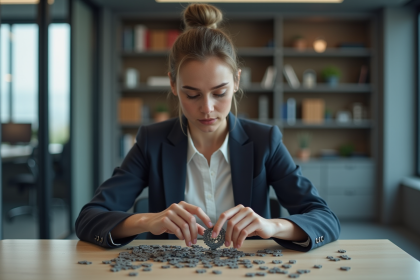 Jeune femme concentrée assemble un puzzle mécanique au bureau