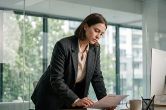 Jeune femme en blazer examine un CV dans un bureau moderne
