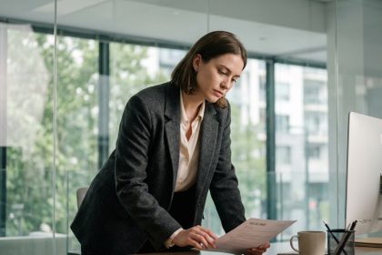 Jeune femme en blazer examine un CV dans un bureau moderne