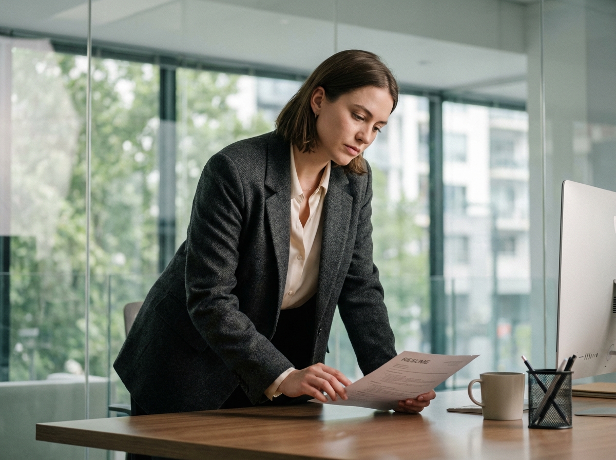 Jeune femme en blazer examine un CV dans un bureau moderne