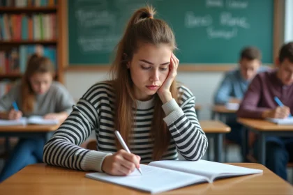 Jeune femme concentrée en révisant ses notes en classe