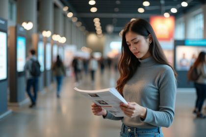 Jeune femme à la foire emploi en train de consulter des brochures