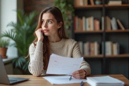 Jeune femme concentr&eacute;e avec test IQ dans un bureau moderne