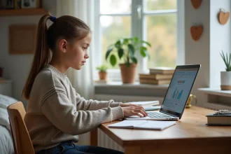 Jeune fille concentrée sur son ordinateur avec Mischool dans une chambre cosy
