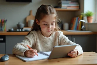 Jeune fille française de 10 ans en sweater écoute un audio