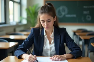 Jeune femme en classe universitaire concentrée sur ses notes