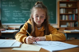 Jeune fille en classe concentrée sur diagramme de probabilité