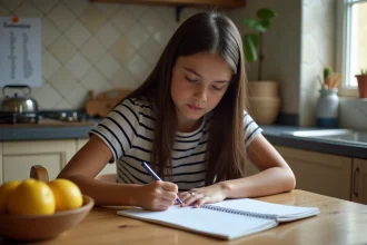 Jeune fille écrivant des conjugaisons espagnoles dans un cahier