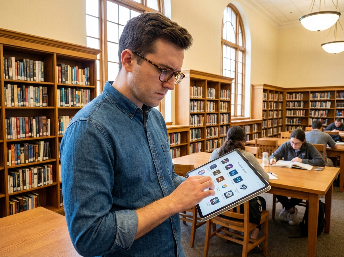 Jeune homme dans une bibliothèque avec une tablette en main