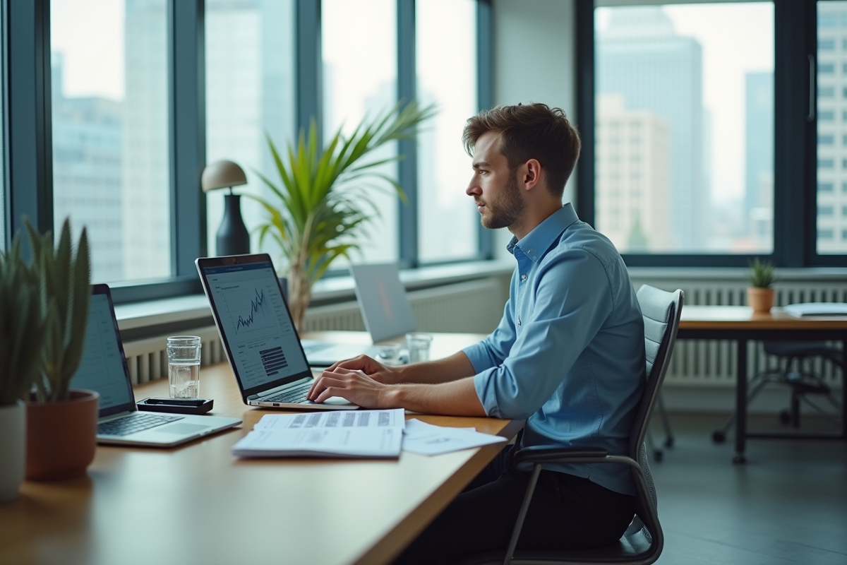 Jeune homme au bureau avec ordinateur et ville en arrière-plan