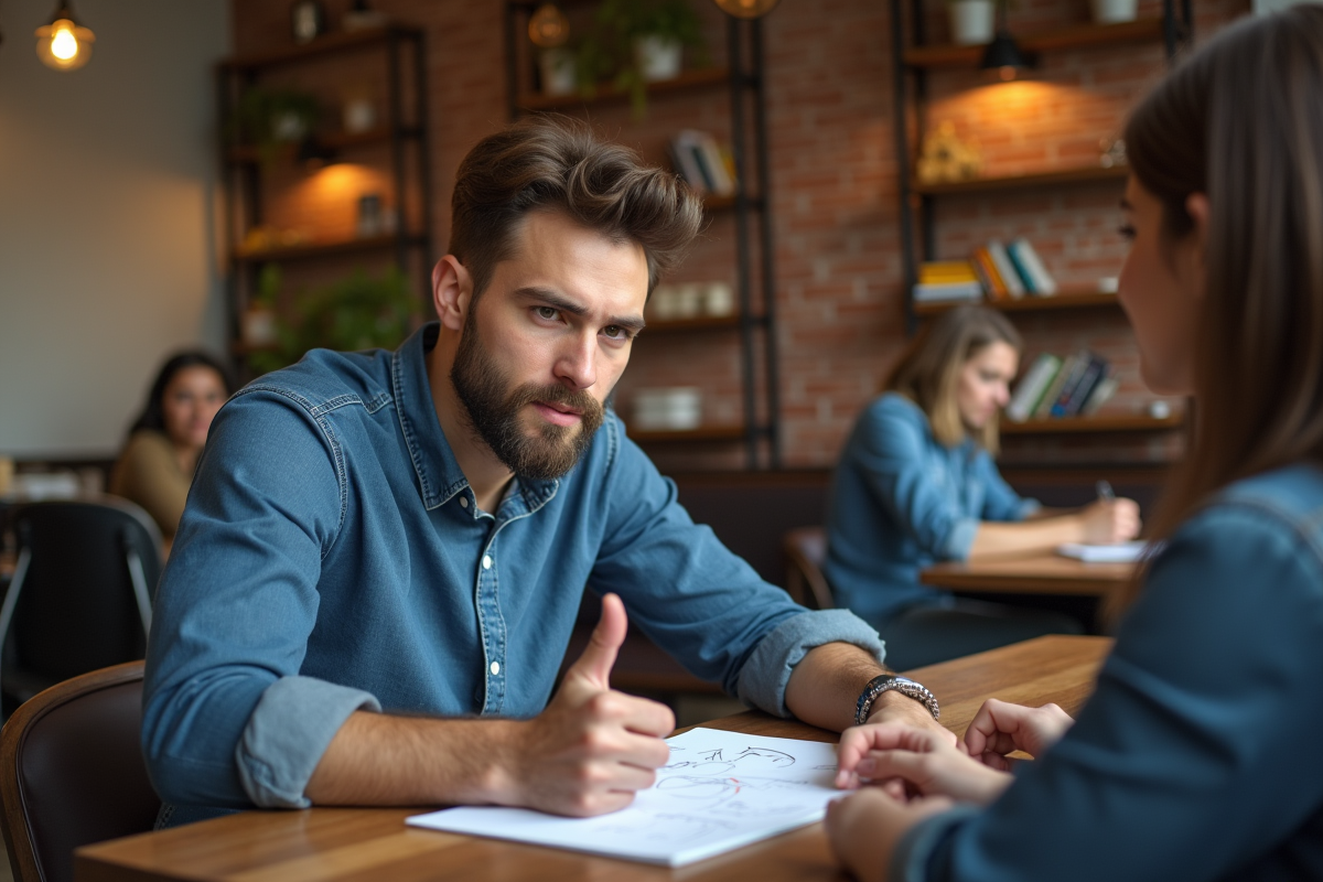 Jeune homme expliquant un concept dans un café convivial