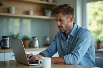 Jeune homme en cuisine regardant son ordinateur portable