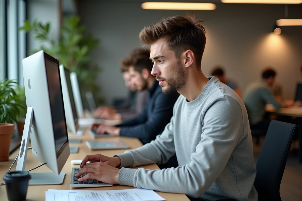 Jeune homme concentré devant un ordinateur de bureau dans un espace de coworking, consultant la plateforme e-candidat de la Sorbonne Nouvelle pour résoudre un problème d'inscription