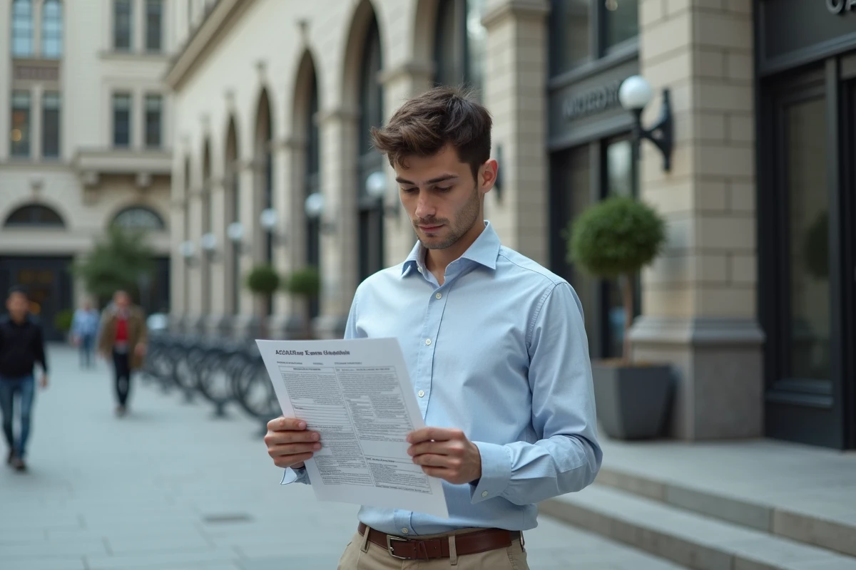 Jeune homme regardant un planning ACACED dans la rue urbaine