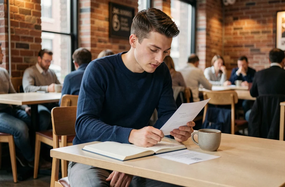Jeune homme relisant sa lettre de motivation simple dans un café urbain