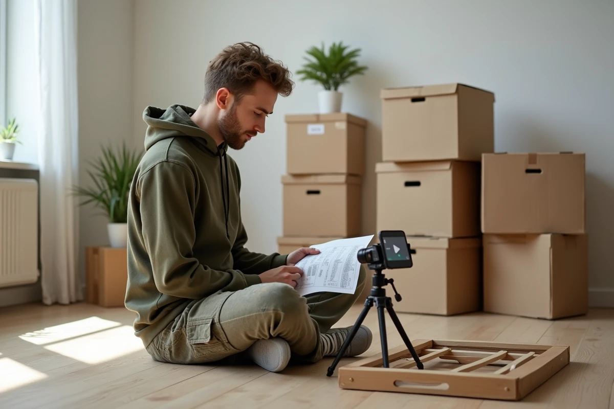 Jeune homme assemblant un meuble en suivant un cours en ligne sur smartphone dans un appartement en cours d'aménagement