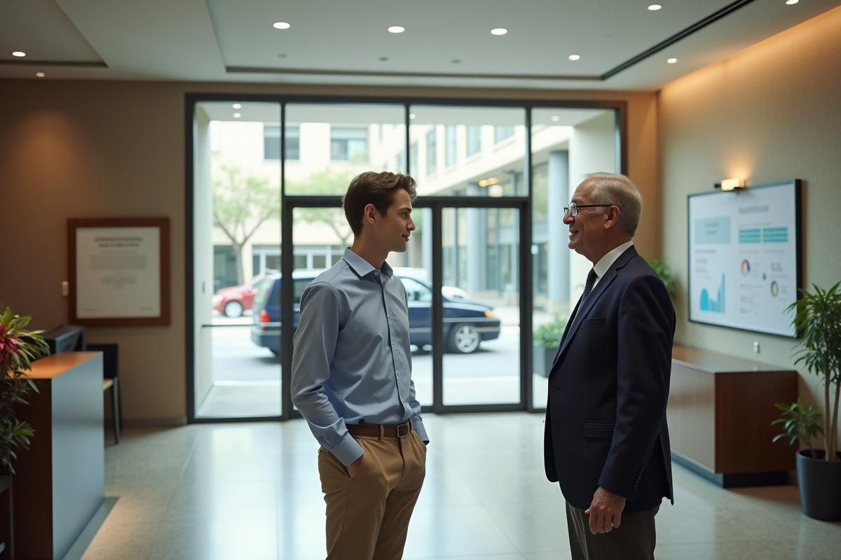 Jeune homme discutant avec un professionnel dans le hall