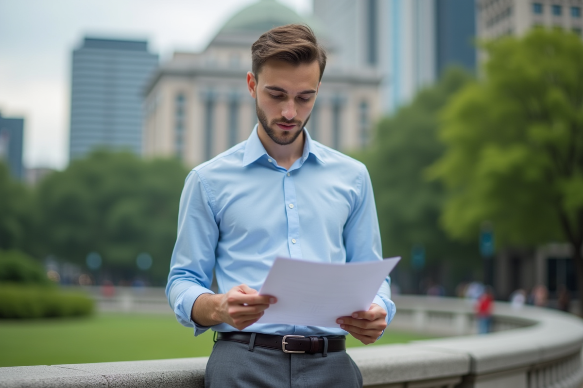 Jeune homme dans un parc citadin consulte son CV