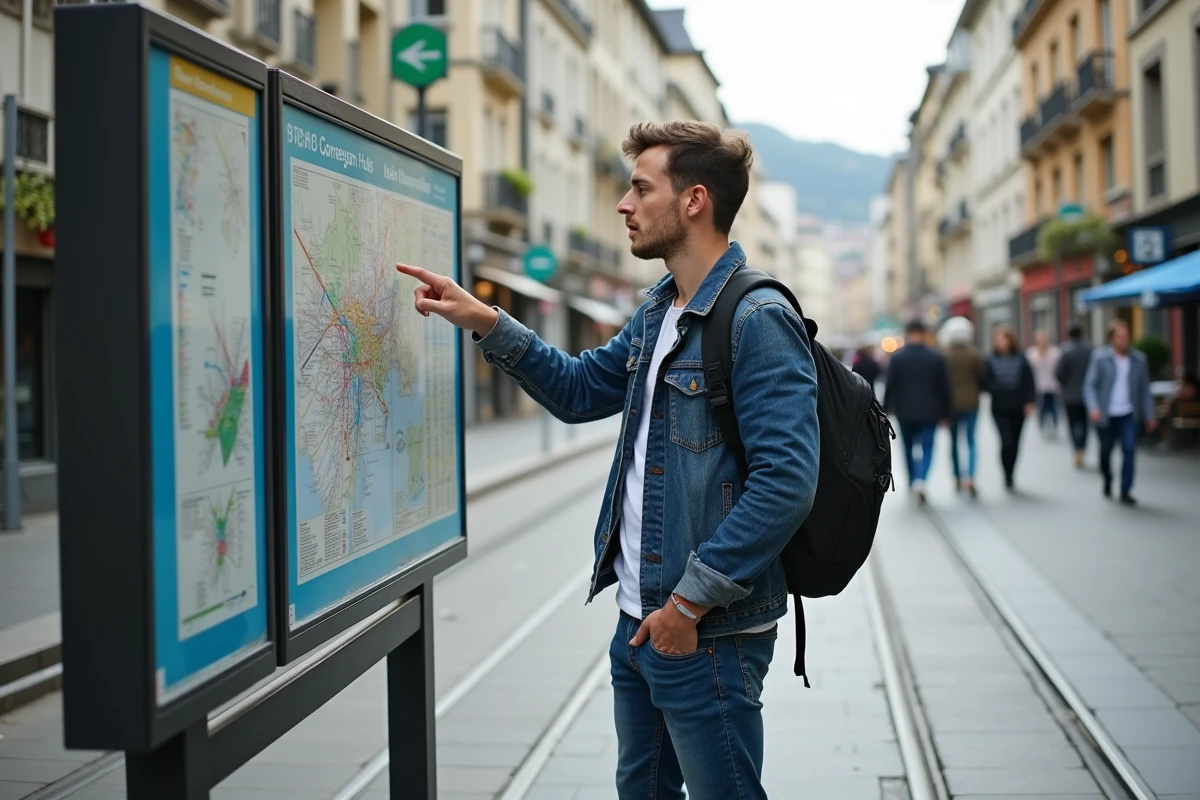 Jeune homme indique carte des transports &agrave; Grenoble