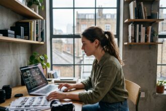 Jeune photographe de 25 ans travaillant sur ses retouches photo dans un studio appartement urbain avec matériel professionnel
