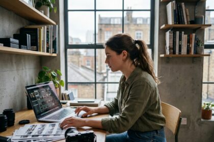 Jeune photographe de 25 ans travaillant sur ses retouches photo dans un studio appartement urbain avec matériel professionnel