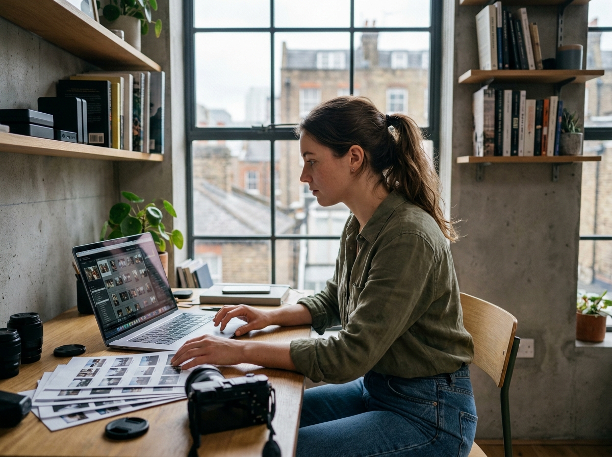 Jeune photographe de 25 ans travaillant sur ses retouches photo dans un studio appartement urbain avec matériel professionnel