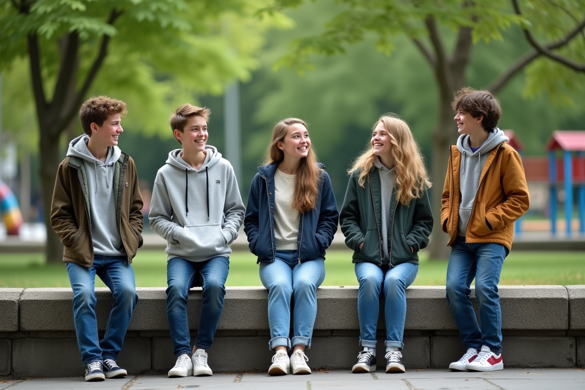 Jeunes et jeunes adultes discutant dans un parc urbain