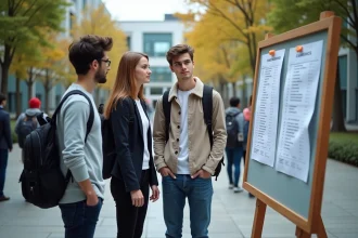 Trois lycéens autour d'un tableau de classement d'écoles d'ingénieurs