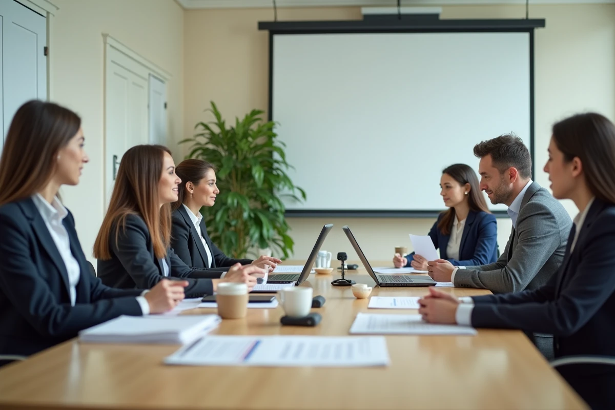 Panel de recruteurs évaluant un candidat autour d'une table de réunion avec des grilles de notation lors d'un exercice de sélection scolaire