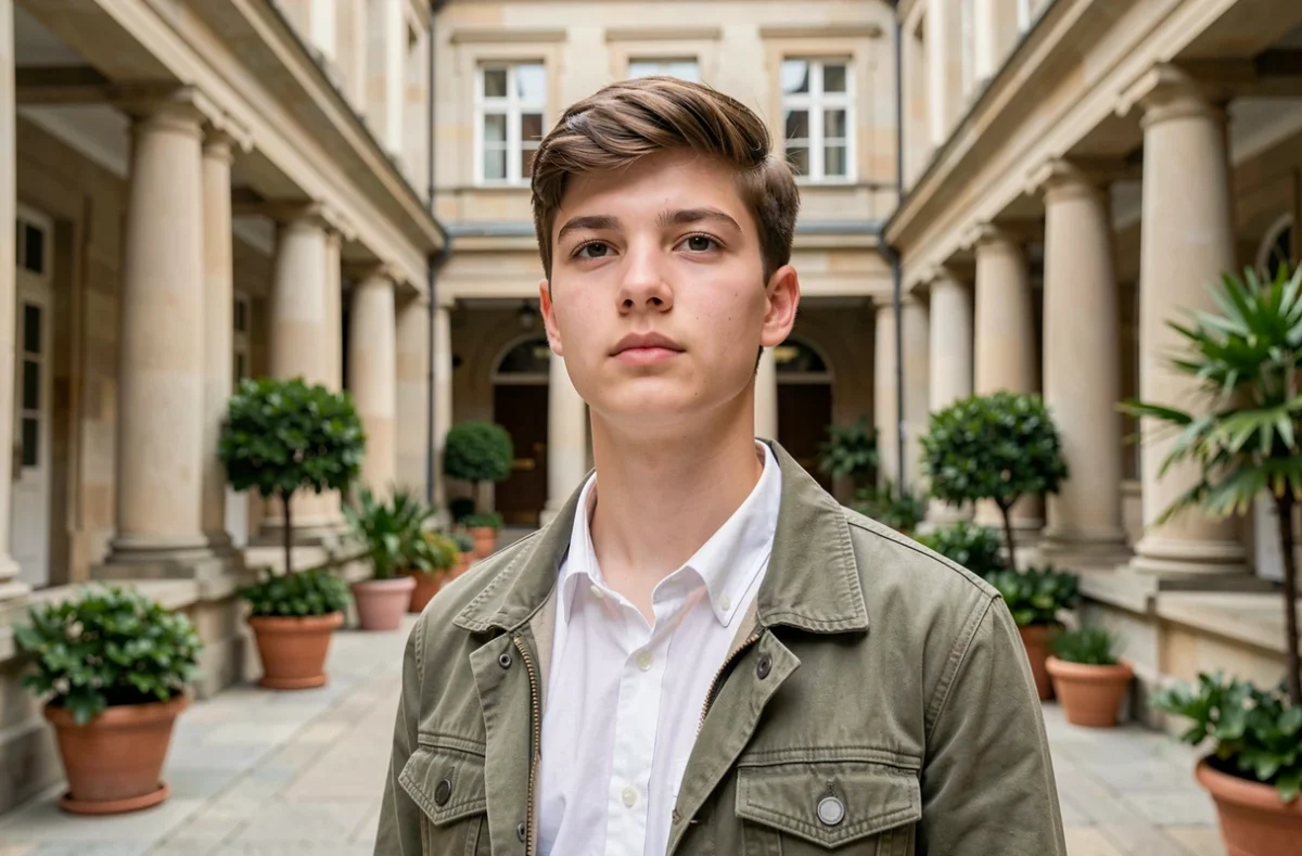 Un lycéen pose dans la cour intérieure à colonnades du Lycée La Doctrine Chrétienne à Strasbourg, classé quatrième parmi les meilleurs lycées du Grand Est en 2026.