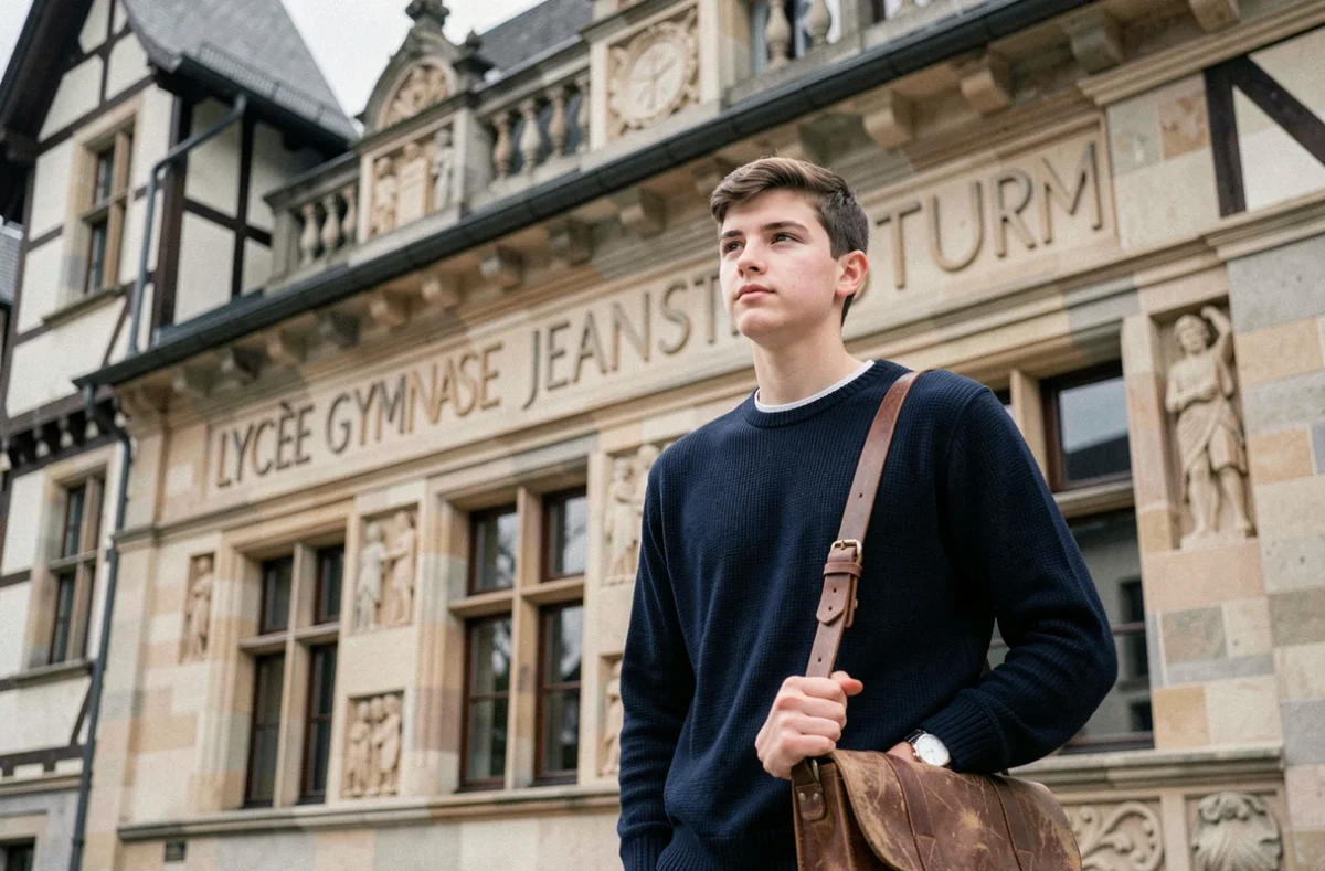 Un lycéen se tient devant la façade historique alsacienne du Lycée Gymnase Jean Sturm à Strasbourg, établissement classé numéro un dans le Grand Est en 2026.