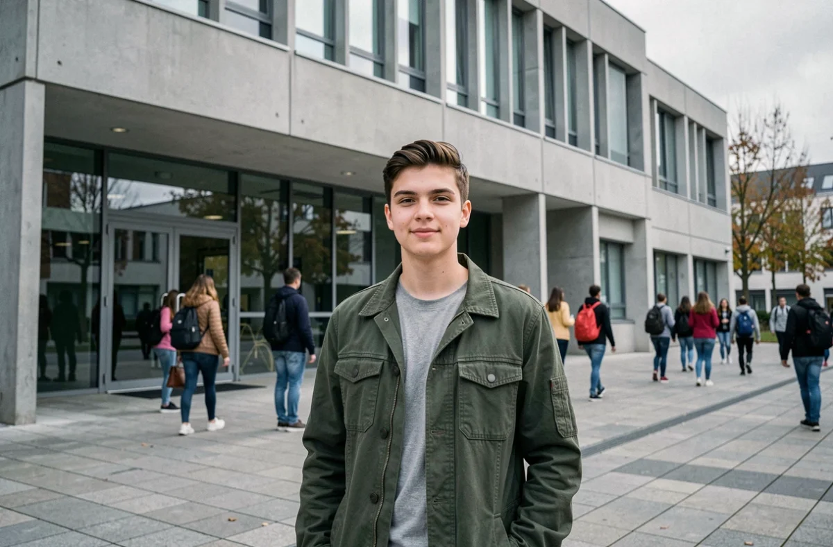 Un lycéen devant l'entrée moderne du Lycée Henri Loritz à Nancy, septième établissement au classement des meilleurs lycées du Grand Est en 2026.