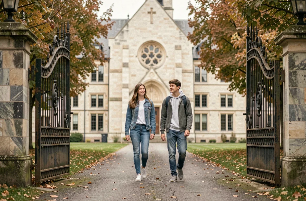 Deux lycéens entrent par le portail en fer forgé du Lycée Notre Dame Saint Sigisbert à Nancy, huitième au classement 2026 des lycées du Grand Est.