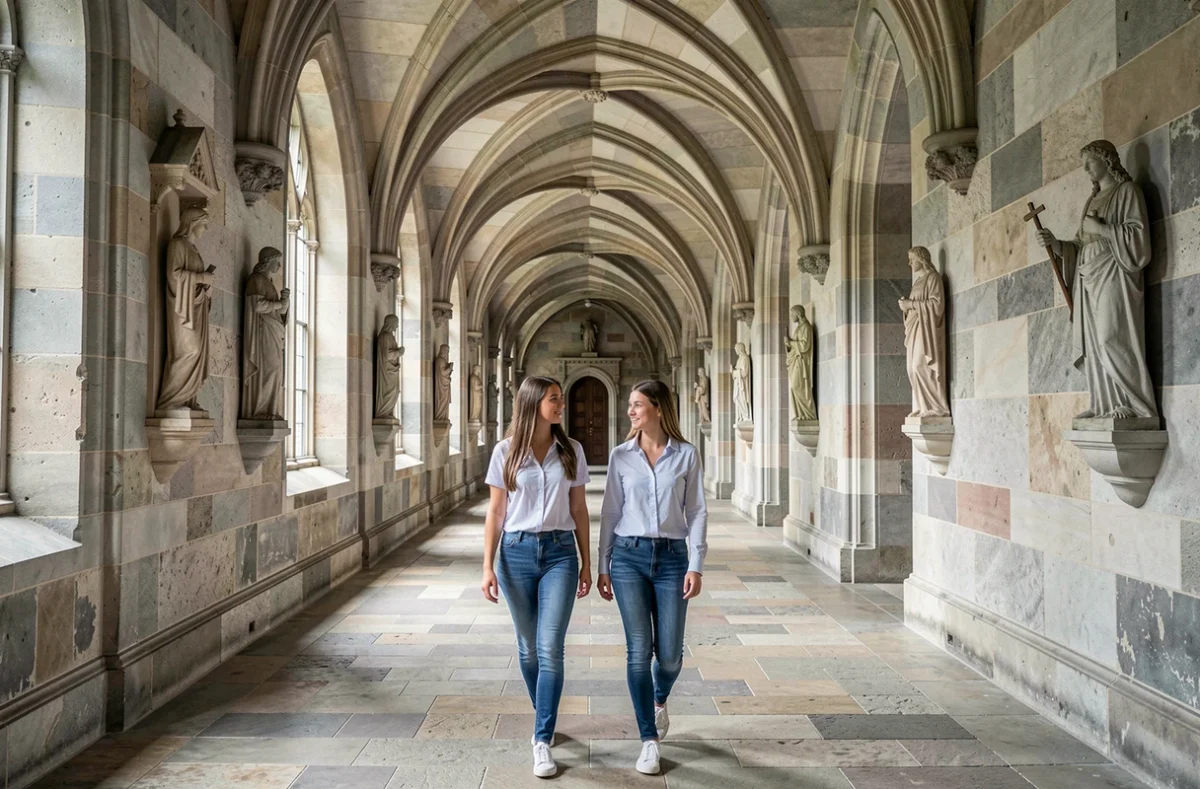 Deux lycéennes déambulent dans les couloirs voûtés en pierre du Lycée Notre Dame à Strasbourg, troisième au classement 2026 des meilleurs lycées du Grand Est.