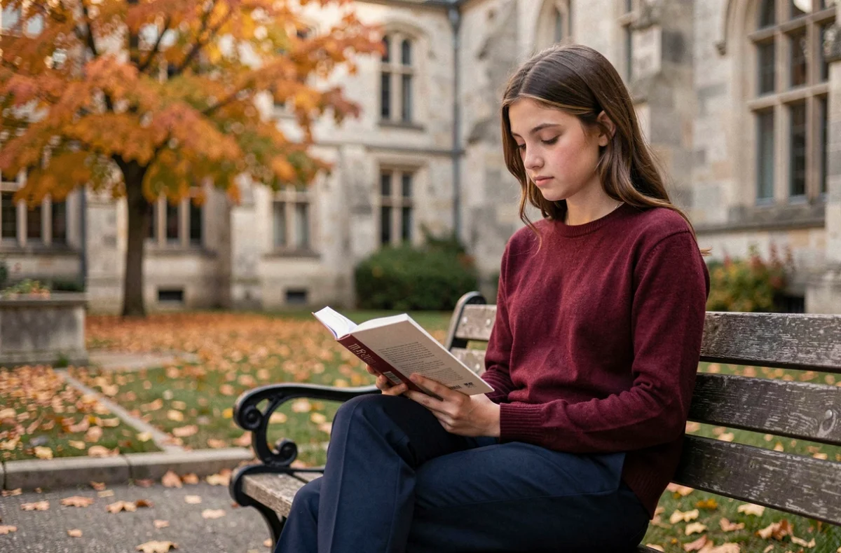 Une lycéenne lit dans la cour d'automne du Lycée Saint-Léon IX à Nancy, sixième meilleur lycée du Grand Est selon le classement 2026.