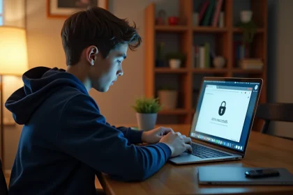 Élève lycéen frustré devant une page d'erreur sur son ordinateur portable en tentant d'accéder à Scolinfo