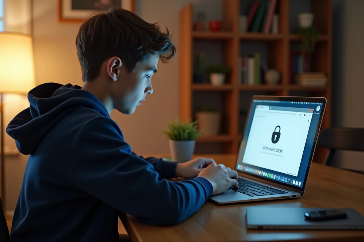 Élève lycéen frustré devant une page d'erreur sur son ordinateur portable en tentant d'accéder à Scolinfo