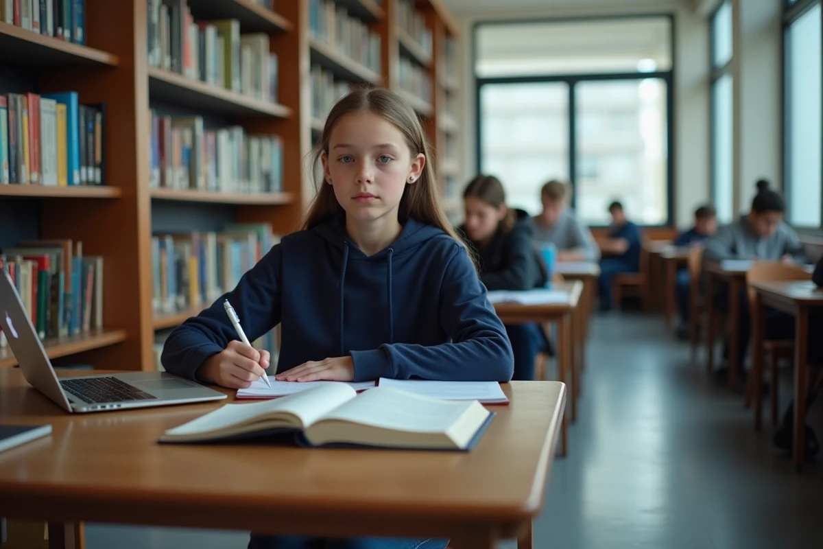 Lycéenne studieuse dans la bibliothèque d'un grand lycée français