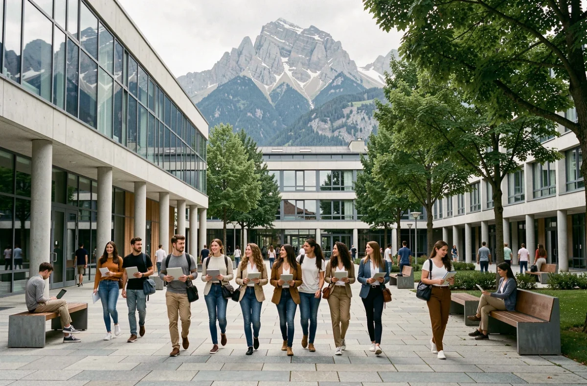 Étudiants en école de commerce marchant sur un campus moderne à Grenoble avec les Alpes en arrière-plan