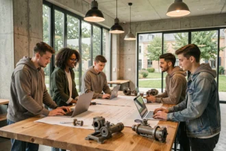 Groupe d'étudiants en école d'ingénieurs en Nouvelle-Aquitaine travaillant ensemble sur des projets techniques dans un espace commun universitaire moderne